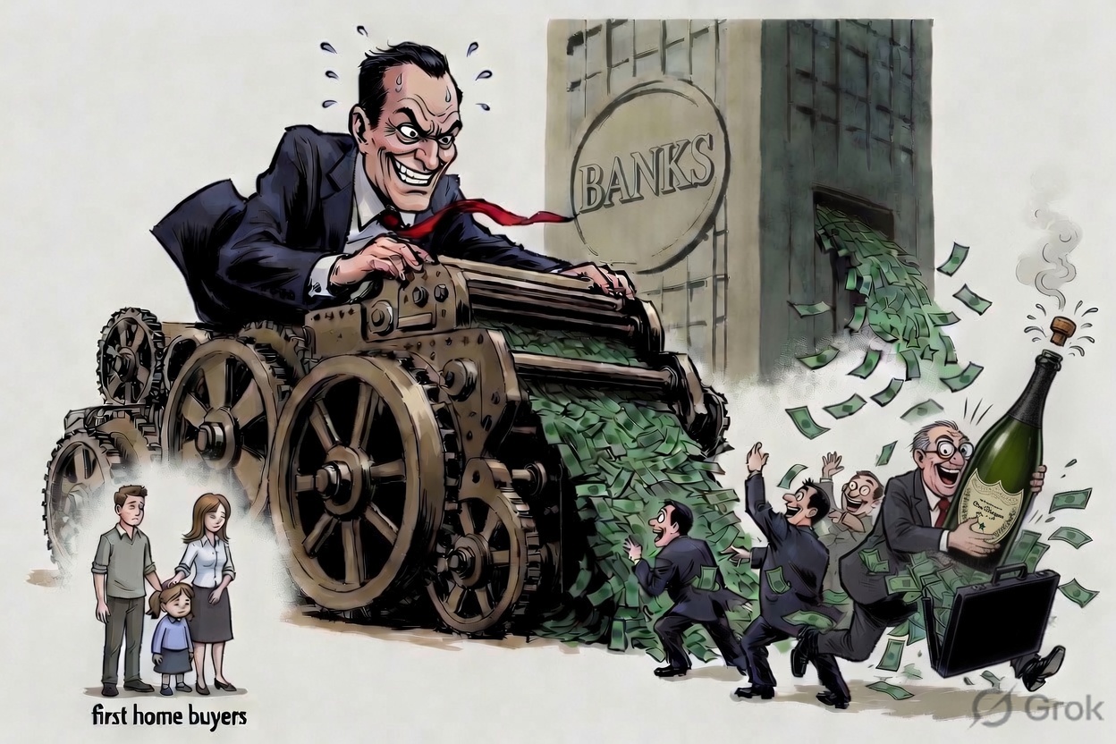 Editorial cartoon: RBA money printer fires cash at bankers while first home buyers stand ignored to the side