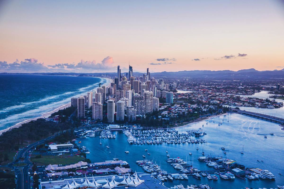 Gold Coast aerial skyline and marina at dusk, Queensland